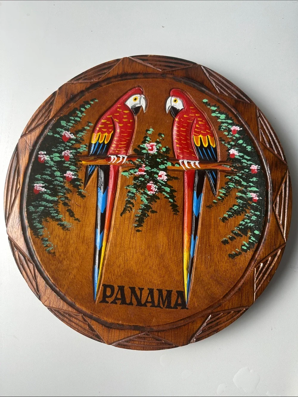 Vintage Hand Painted Cedar Wooden Plate From Panama
